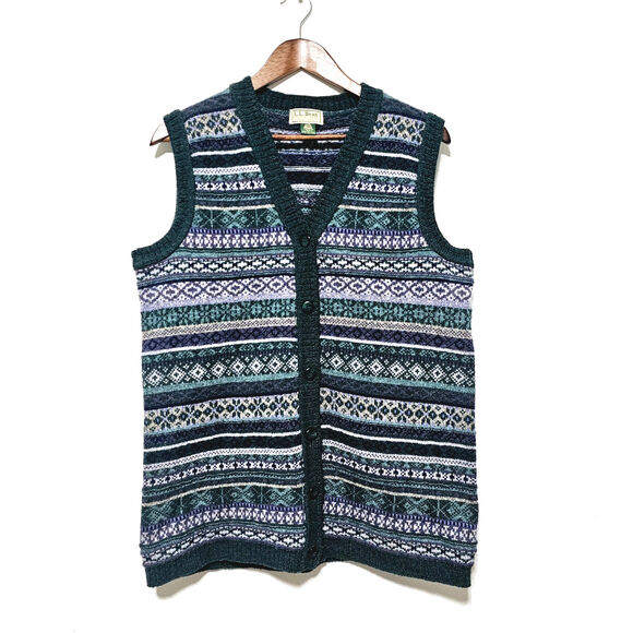 L.L. Bean 100% Wool Cardigan Size M Vest Fair Isle Vintage 90's USA Green Retro - Picture 1 of 5